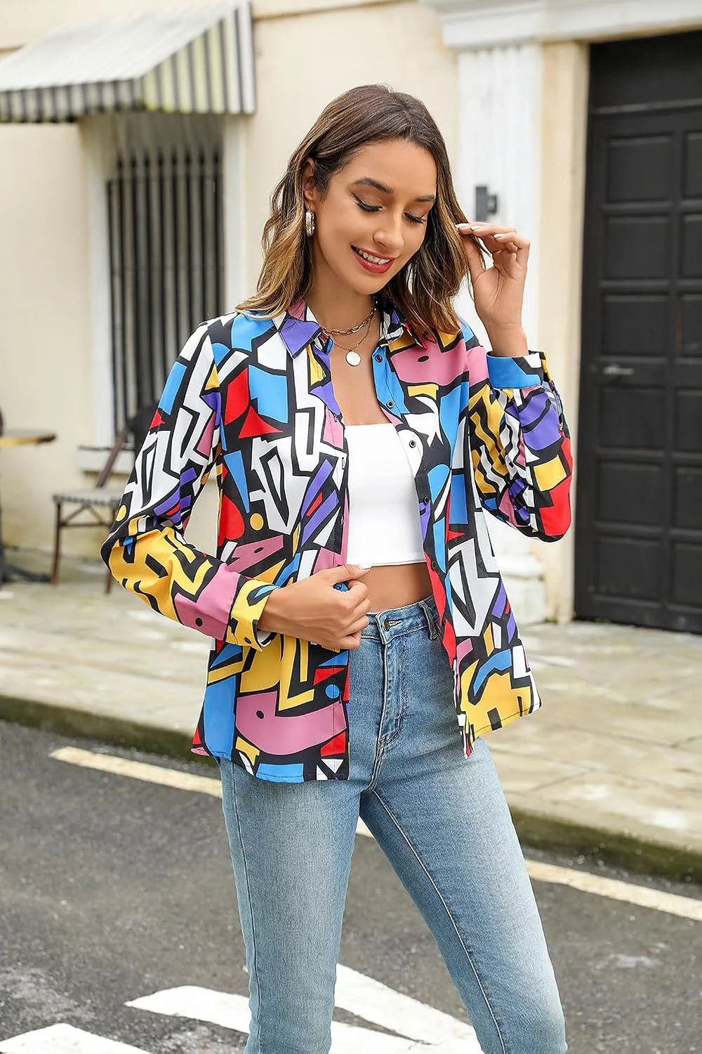 Cnlinkco تاپ های زنانه غیر رسمی تجاری، بلوزهای طرح دار آستین بلند زیبا، پیراهن های دکمه دار مد روز