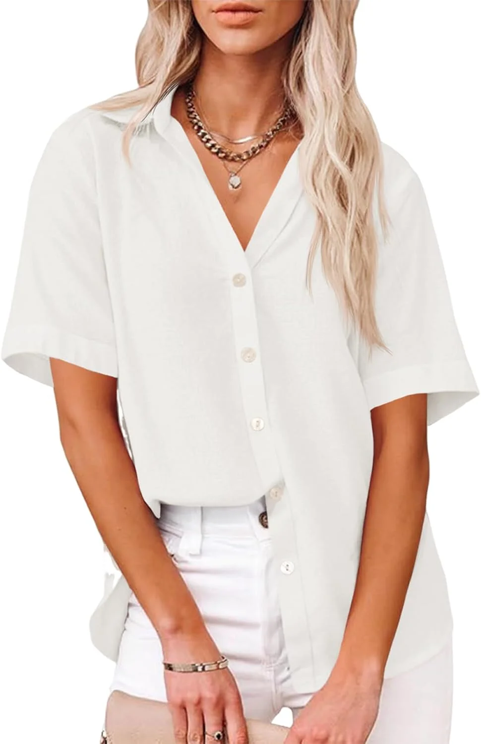 سی سی بل، بلوز آستین کوتاه دکمه دار زنانه، نخی و لینن، یقه هفت، چاک دار، مناسب تابستان، آزاد و راحت، مناسب ساحل