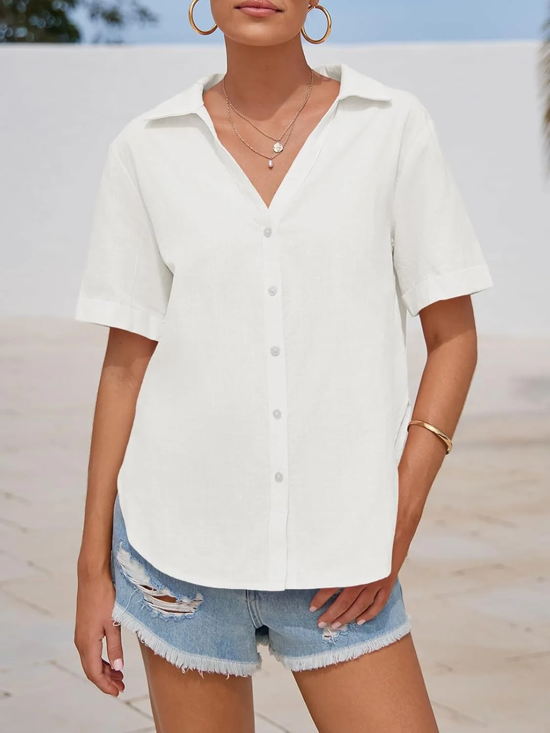 سی سی بل، بلوز آستین کوتاه دکمه دار زنانه، نخی و لینن، یقه هفت، چاک دار، مناسب تابستان، آزاد و راحت، مناسب ساحل