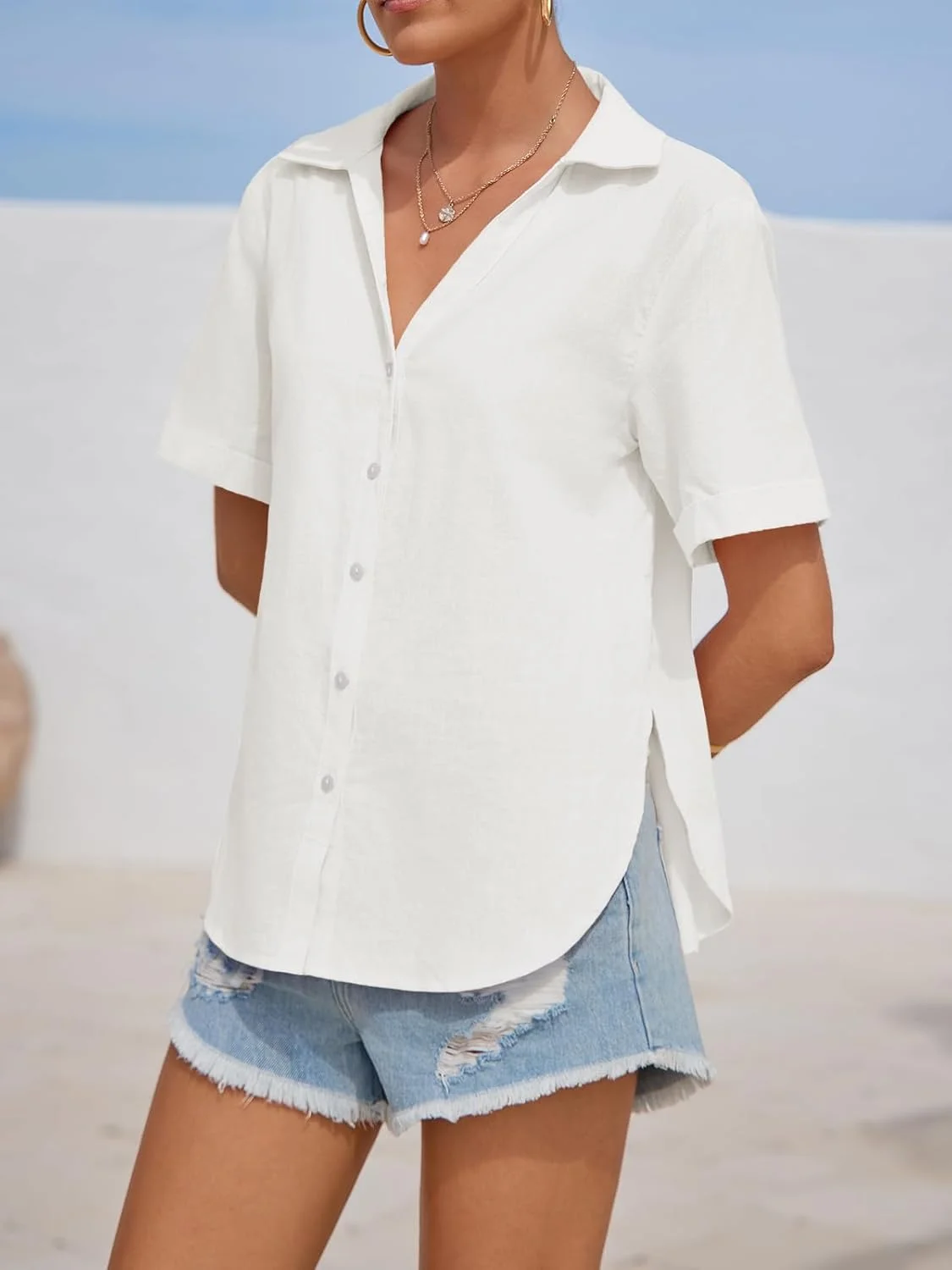 سی سی بل، بلوز آستین کوتاه دکمه دار زنانه، نخی و لینن، یقه هفت، چاک دار، مناسب تابستان، آزاد و راحت، مناسب ساحل
