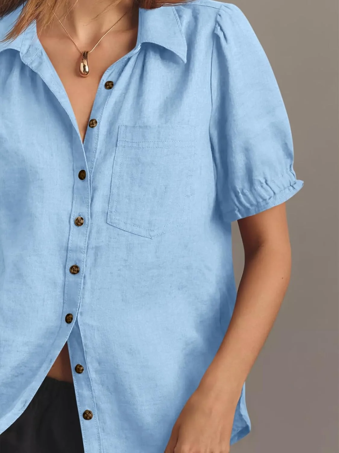پیراهن زنانه آستین پفی کوتاه دکمه دار Cicy Bell، بلوز یقه V، مناسب تابستان، جنس لینن، مدل آزاد، مناسب کار