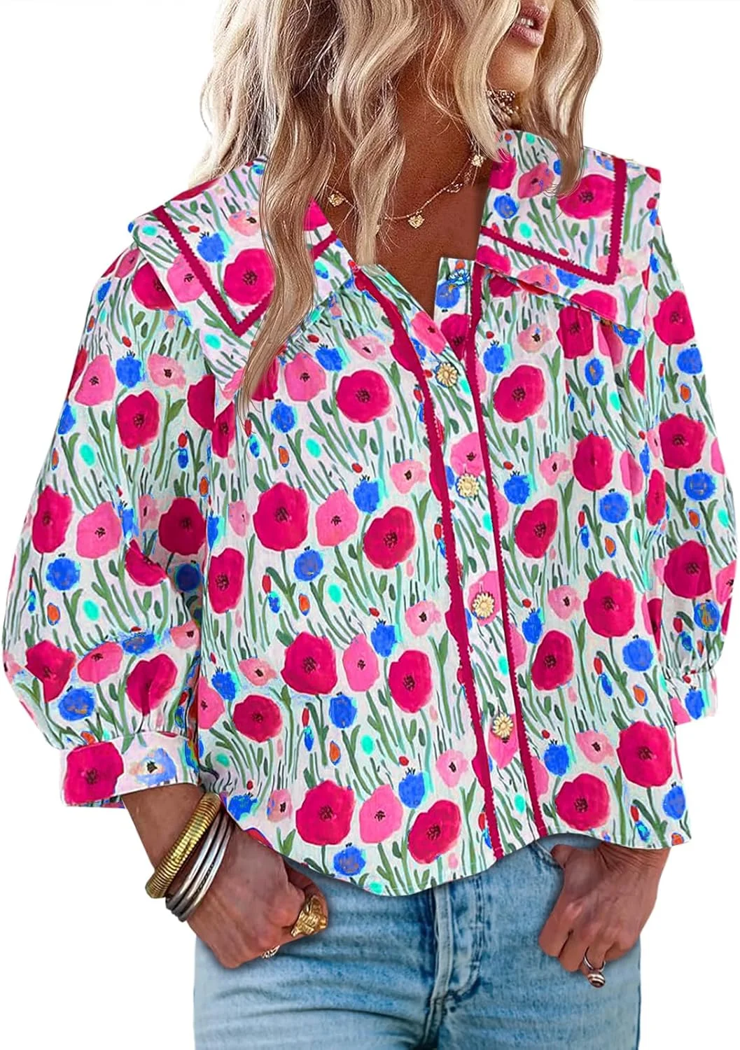 پیراهن زنانه گلدار دکمه دار Cicy Bell، بلوز آستین فانوسی سه ربع شیک و غیر رسمی، یقه مربعی
