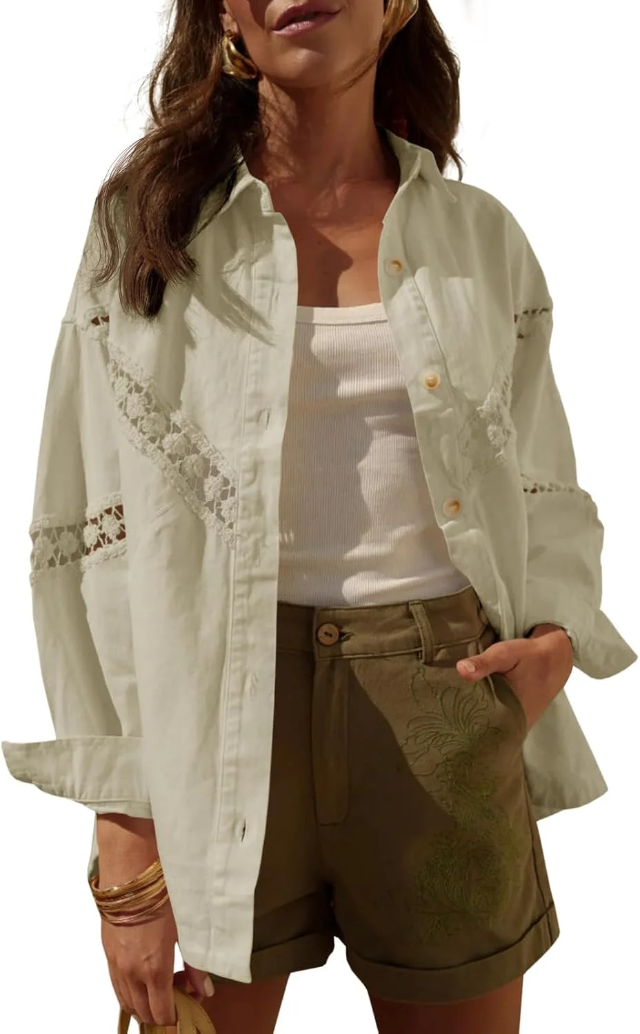 سیسی بل، بلوز زنانه دکمه دار، ژاکت، شکت، گلدوزی توری، آستین بلند