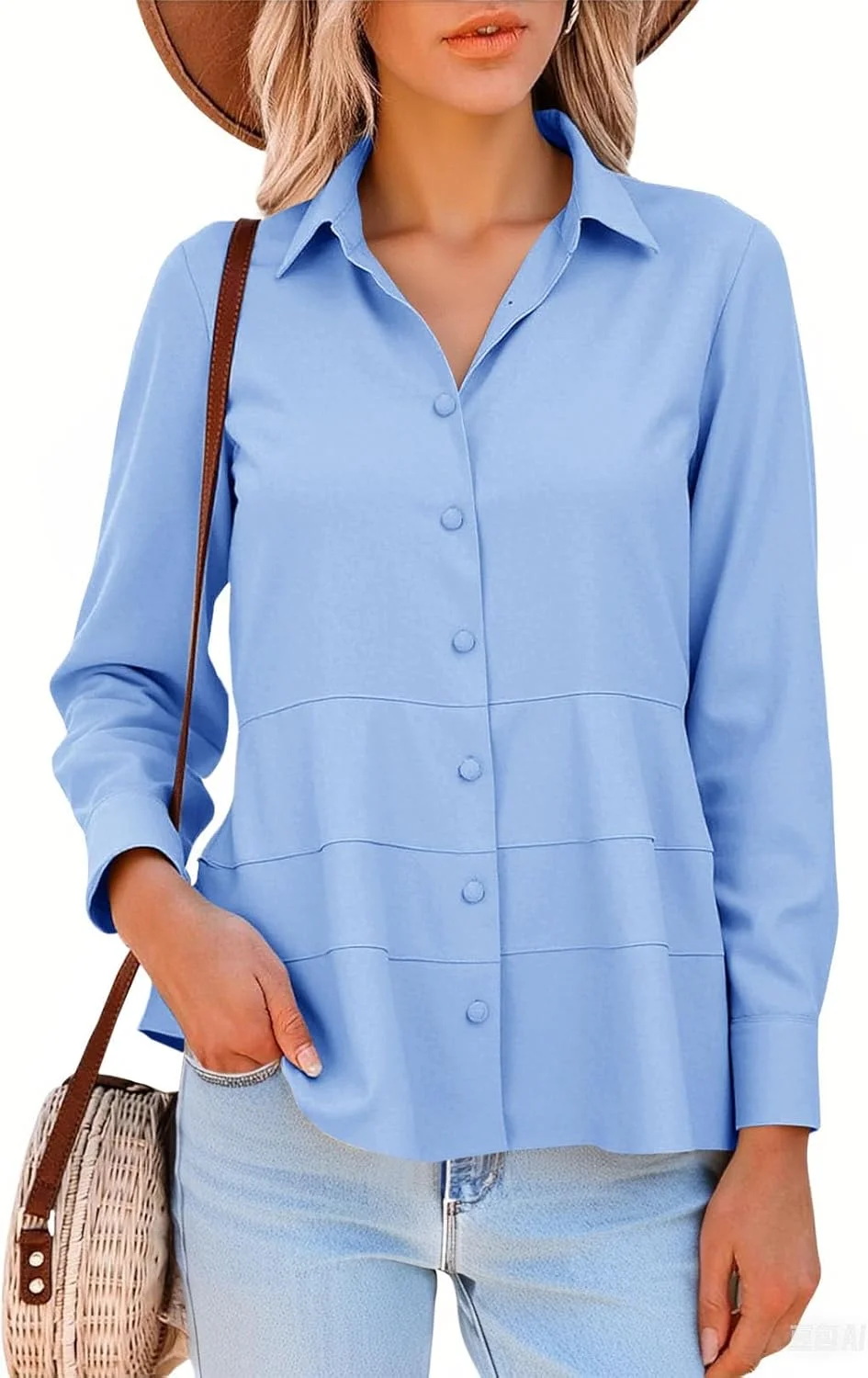 پیراهن دکمه دار زنانه Cicy Bell، یقه هفت، آستین بلند، مدل پلوم طبقه ای