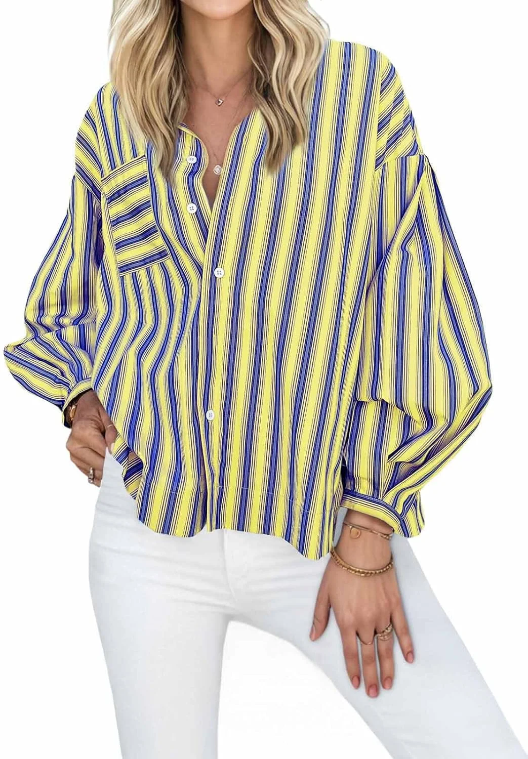 سی سی بل بلوز زنانه راه راه دکمه دار، مد پاییز 2024، آستین بلند پفی، مناسب برای کار