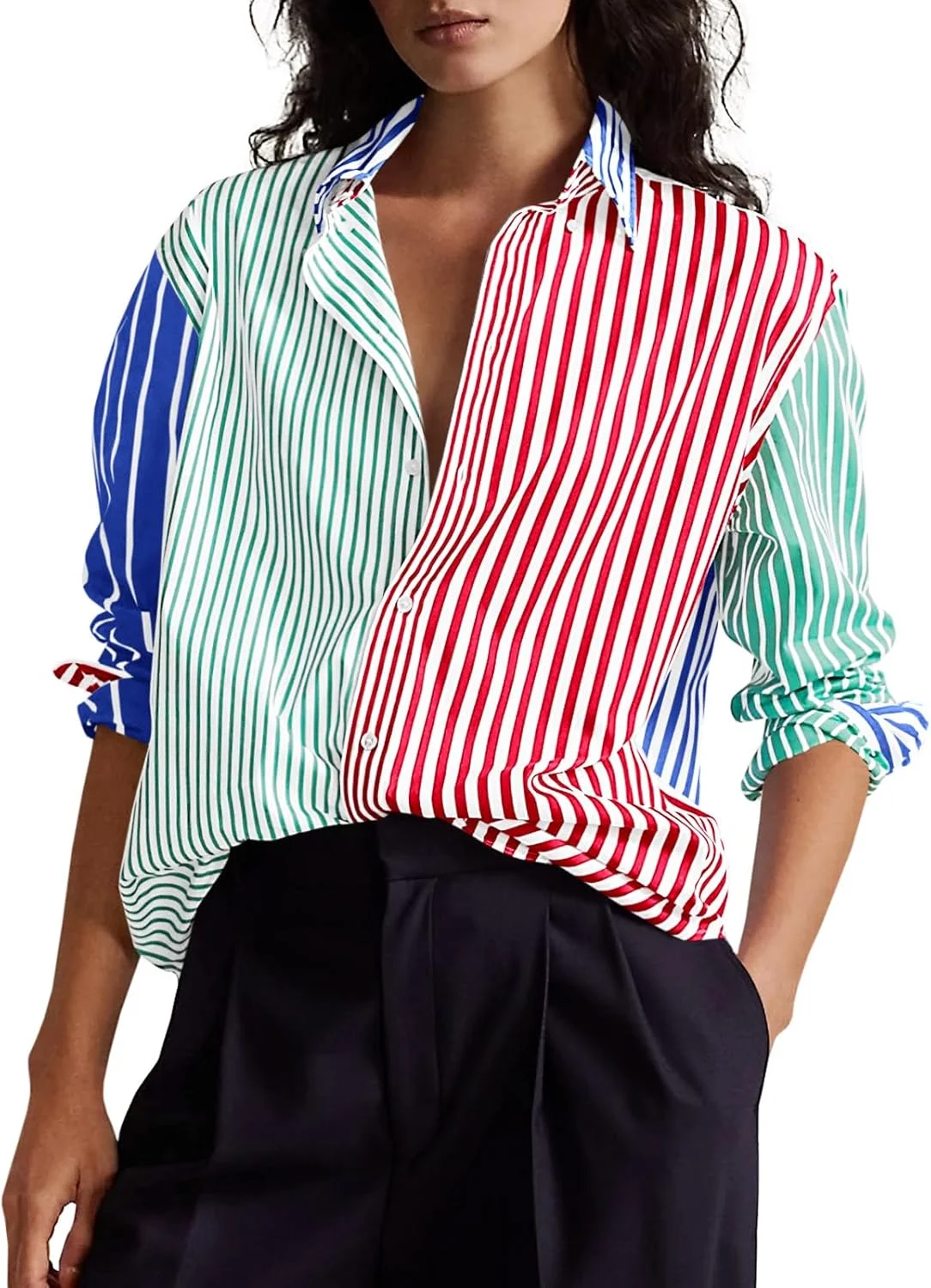 سی سی بل، بلوز زنانه دکمه دار راه راه با طرح رنگی، مدل بزرگ، شیک و غیر رسمی، آستین بلند