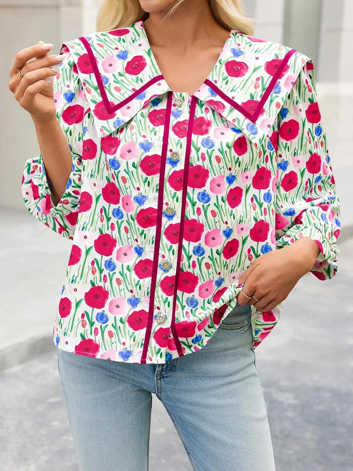 پیراهن زنانه گلدار دکمه دار Cicy Bell، بلوز آستین فانوسی سه ربع شیک و غیر رسمی، یقه مربعی