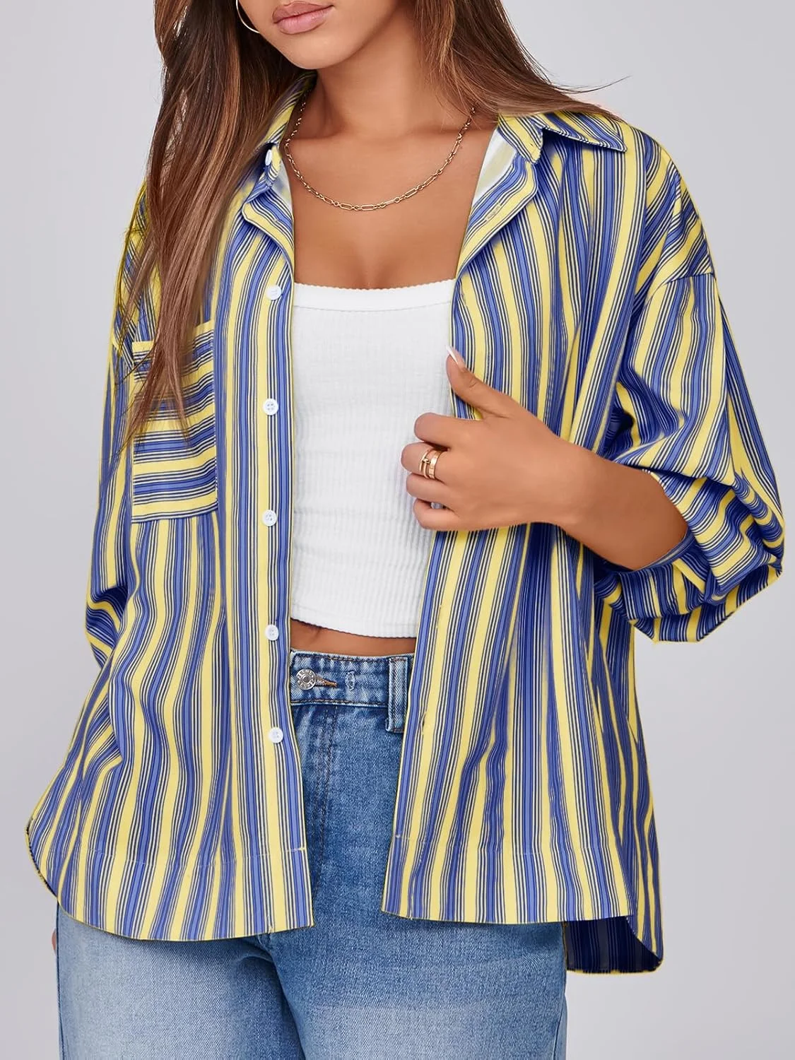 سی سی بل بلوز زنانه راه راه دکمه دار، مد پاییز 2024، آستین بلند پفی، مناسب برای کار