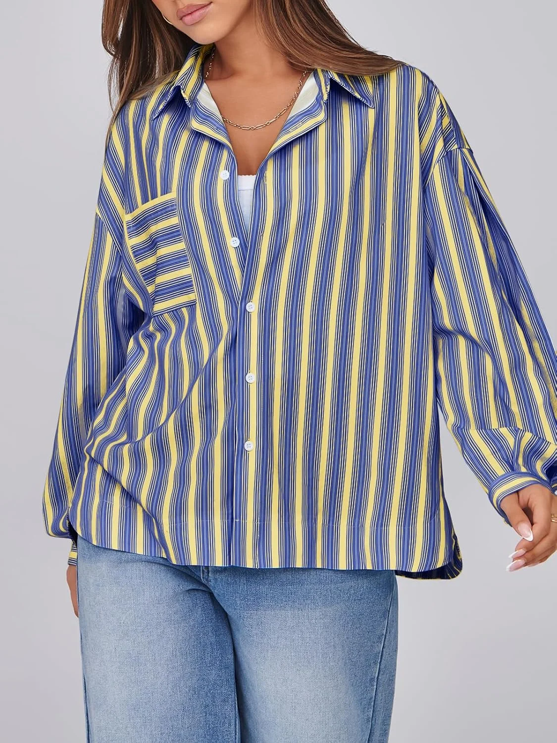 سی سی بل بلوز زنانه راه راه دکمه دار، مد پاییز 2024، آستین بلند پفی، مناسب برای کار