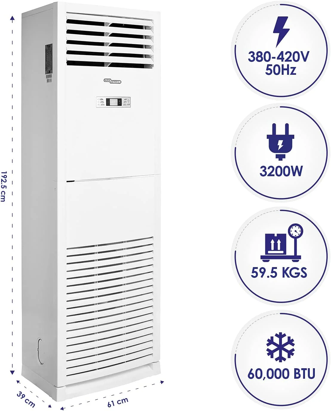 کولر گازی ایستاده سوپر جنرال 5 تن، 60000 BTU، راه اندازی مجدد خودکار، حالت خواب، سفید، SGFS-60-GE، 61 x 39 x 192.5 سانتی متر برای خانه، دفتر، استفاده تجاری