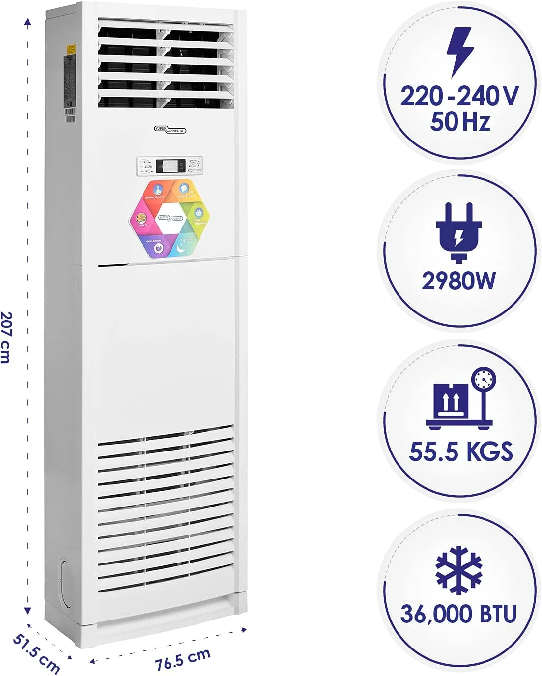 کولر گازی ایستاده سوپر جنرال 3 تن، 36000 BTU، راه اندازی مجدد خودکار، حالت خواب، سفید، SGFS-36-NE، 61.0 x 39.0 x 192.5 سانتی متر برای خانه، دفتر، استفاده تجاری