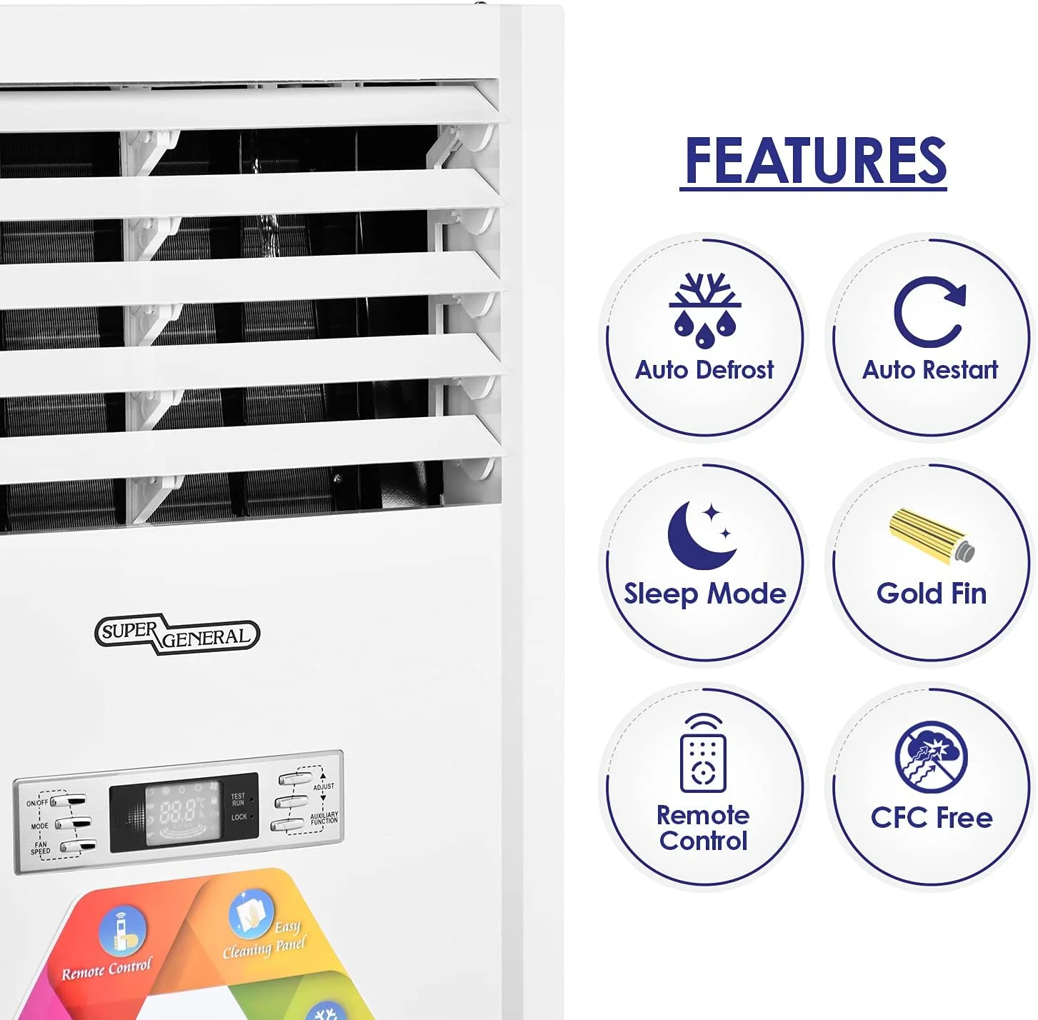 کولر گازی ایستاده سوپر جنرال 3 تن، 36000 BTU، راه اندازی مجدد خودکار، حالت خواب، سفید، SGFS-36-NE، 61.0 x 39.0 x 192.5 سانتی متر برای خانه، دفتر، استفاده تجاری