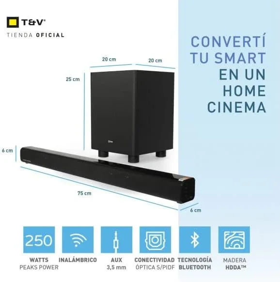 Thonet & Vander Dunn، ساندبار بلوتوثی با ساب ووفر بی سیم، AUX، کنترل صدا، بیس قوی، صدای فراگیر 250 واتی HD، ساخته شده از چوب با چگالی بالا برای خانه، باشگاه ها، سینمای خانگی، مشکی