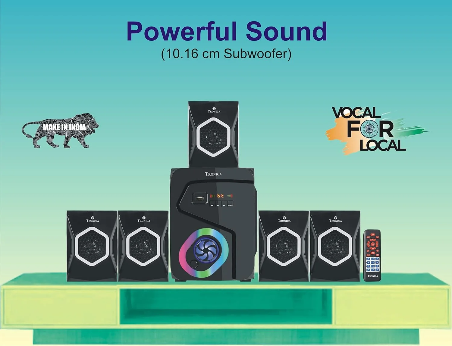 سیستم بلندگوی سینمای خانگی 5.1 ترونیکا Cowin Series با بلوتوث، سیستم چند رسانه ای با استریو FM، عملکرد USB/SD/MMC/AUX و جلوه های نورپردازی زنده | سیستم صوتی برای خانه