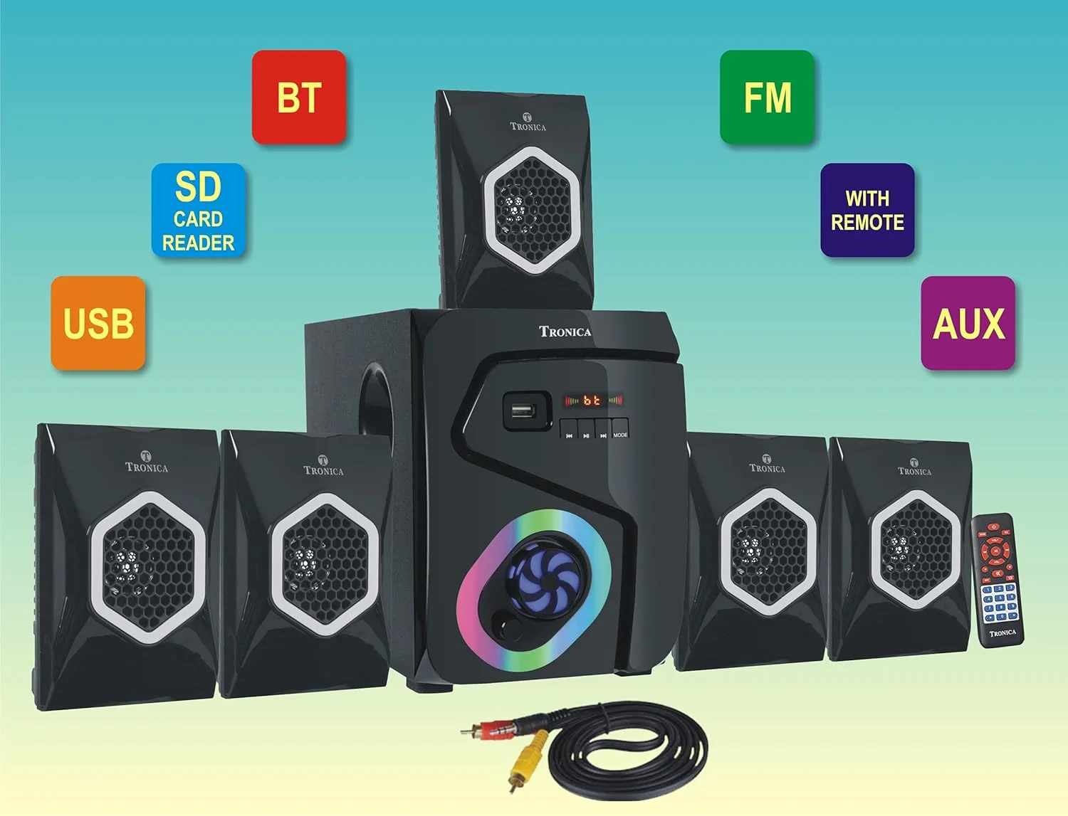 سیستم بلندگوی سینمای خانگی 5.1 ترونیکا Cowin Series با بلوتوث، سیستم چند رسانه ای با استریو FM، عملکرد USB/SD/MMC/AUX و جلوه های نورپردازی زنده | سیستم صوتی برای خانه