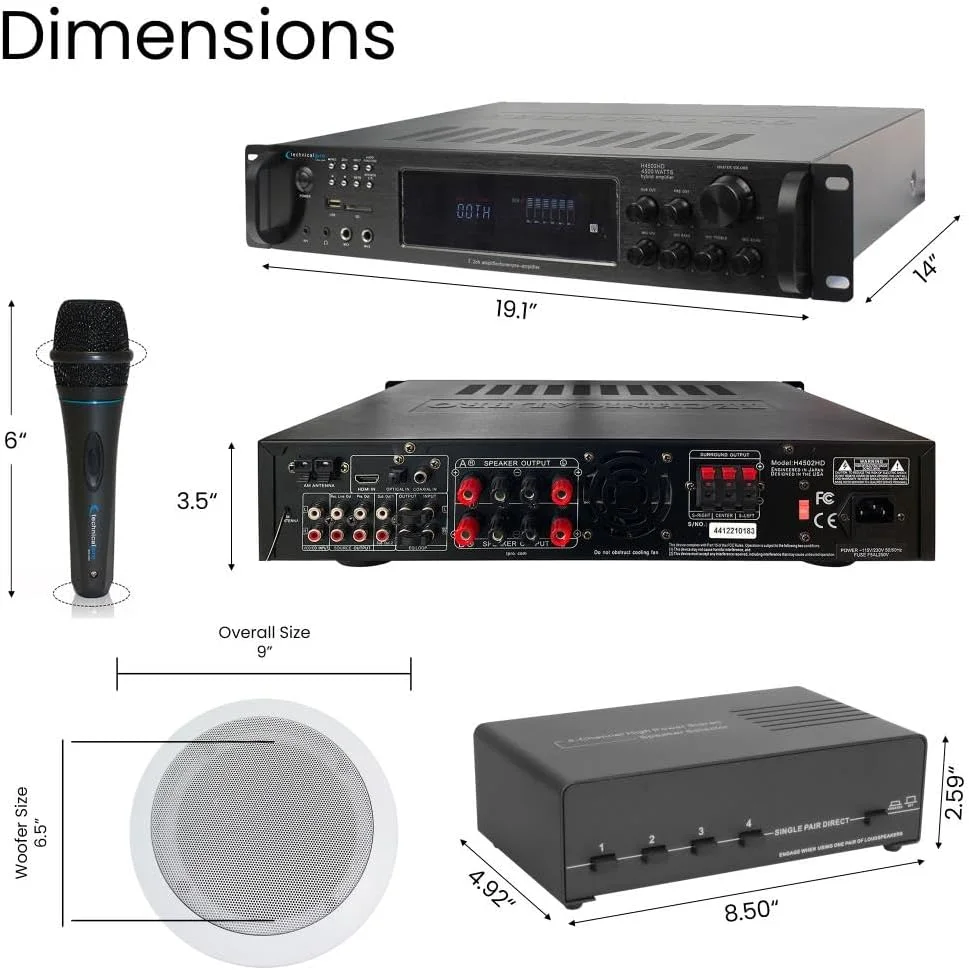 کیت سیستم استریو خانگی Vaiyer - آمپلی فایر بلوتوثی 7.2 کاناله 4500 واتی با 8 عدد بلندگوی سقفی 6.5 اینچی 200 واتی، سلکتور بلندگوی 4 کاناله، میکروفون، سیم بلندگوی 16 AWG به طول 500 فوت و ریموت