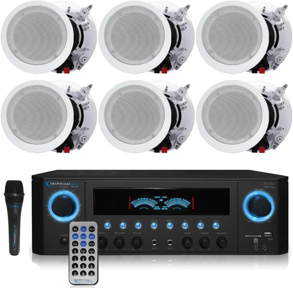 سیستم صوتی خانگی 1000 واتی با ورودی USB و کارت SD، (تعداد 6) بلندگوی استریو 6.5 اینچی توکار دیواری/سقفی، میکروفون با کابل 10 فوتی