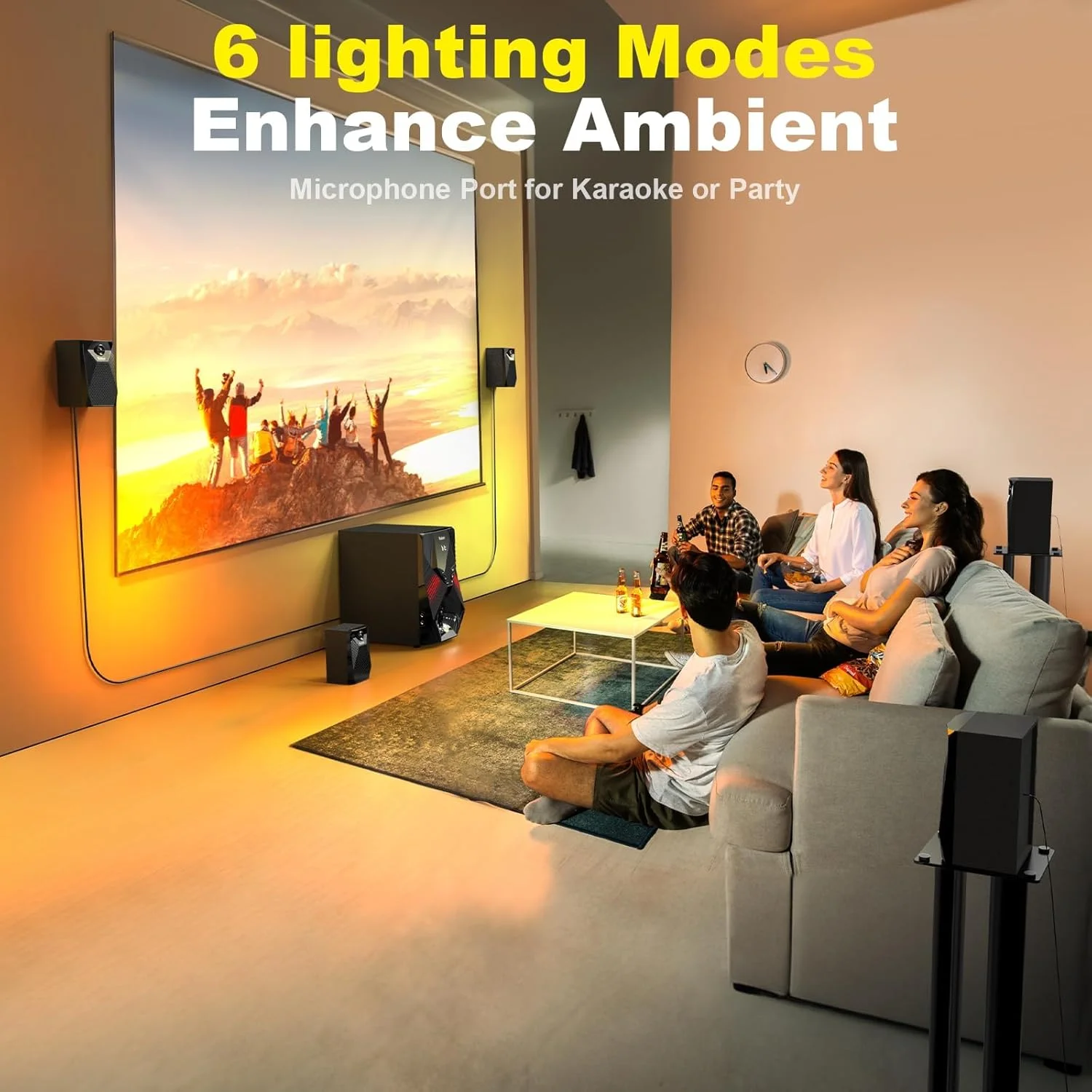 سیستم صوتی فراگیر 1000 واتی با 5 بلندگوی ماهواره‌ای سیمی، ساب ووفر 8 اینچی، کانال‌های 5.1/2.1 مناسب سینمای خانگی با بیس عمیق، پشتیبانی از HDMI ARC، اپتیکال، بلوتوث و ورودی کارائوکه