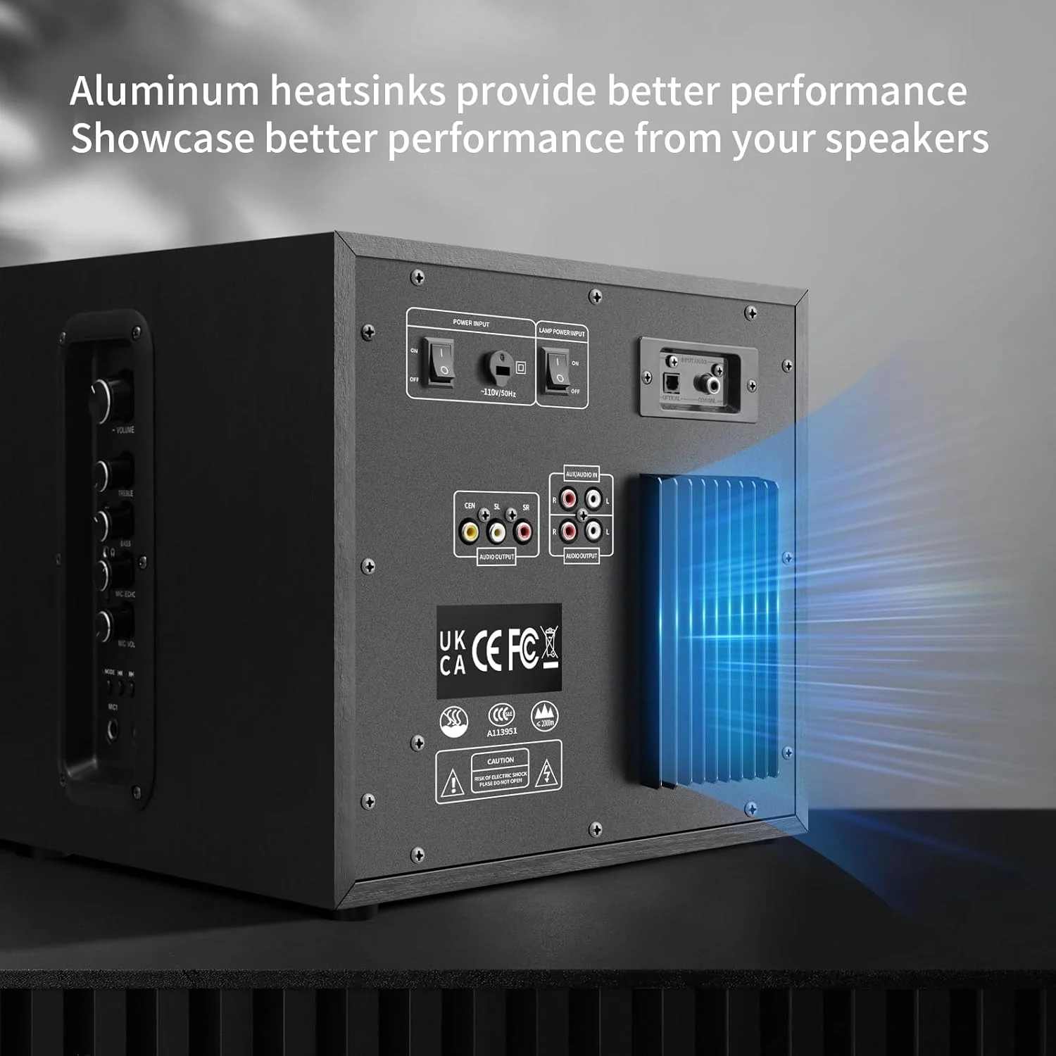 سیستم بلندگوی صدای فراگیر WMQ 5.1 با ساب ووفر 6.5 اینچی، سیستم سینمای خانگی استریو با پنج توییتر 1 اینچی و ده میان رده 2.5 اینچی، پشتیبانی از ورودی های RCA/BT/Optical برای تلویزیون و کامپیوتر، جعبه چوبی بافت دار مشکی