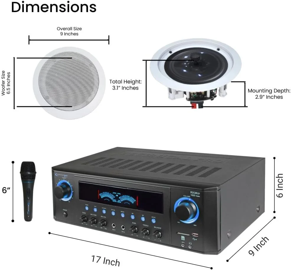 سیستم صوتی خانگی 1000 واتی با ورودی USB و کارت SD، (تعداد 6) بلندگوی استریو 6.5 اینچی توکار دیواری/سقفی، میکروفون با کابل 10 فوتی