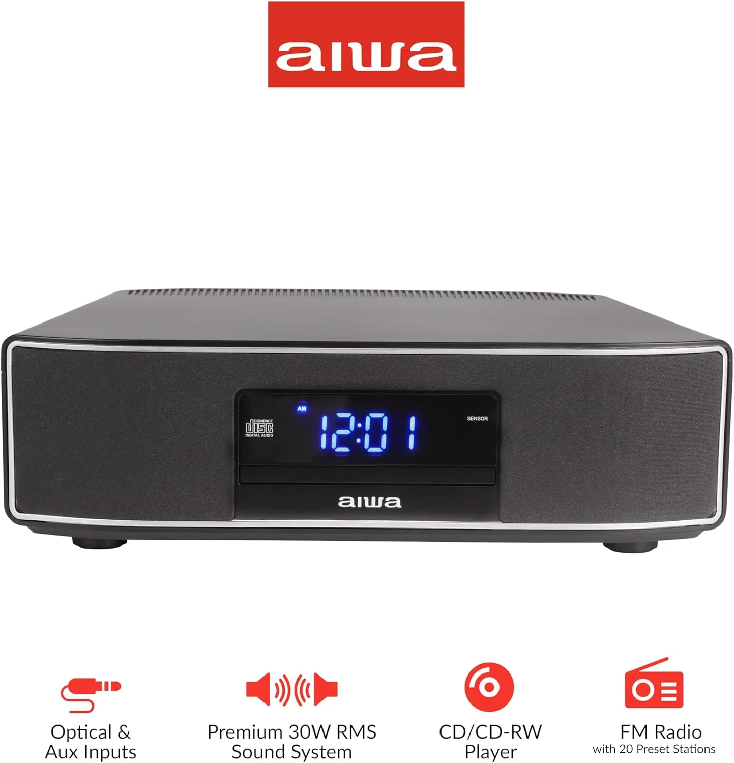 اسپیکر خانگی AIWA Exos، سیستم صوتی ممتاز 30 واتی RMS با پخش کننده CD، اتصال بلوتوث، رادیو FM، ورودی دیجیتال نوری، دو توییتر 1 اینچی + دو واحد باس 2 اینچی، کنترل از راه دور IR