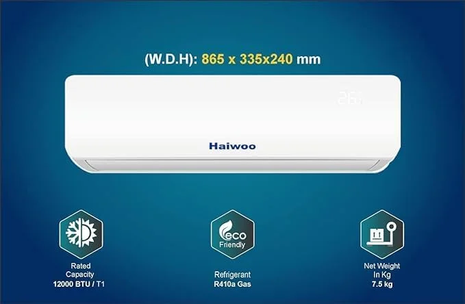 کولر گازی هایوو 1 تن ظرفیت 12000 BTU، کمپرسور گرمسیری T1 با راندمان بالا، پره های طلایی برای جلوگیری از خوردگی، مبرد: R410A، سفید