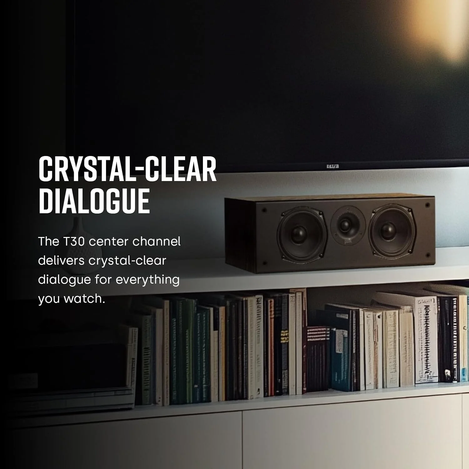 بلندگوی کانال مرکزی سینمای خانگی 100 واتی Polk Audio T30 - صدای Hi-Res با پاسخ باس عمیق، Dolby و DTS Surround، تکی، مشکی