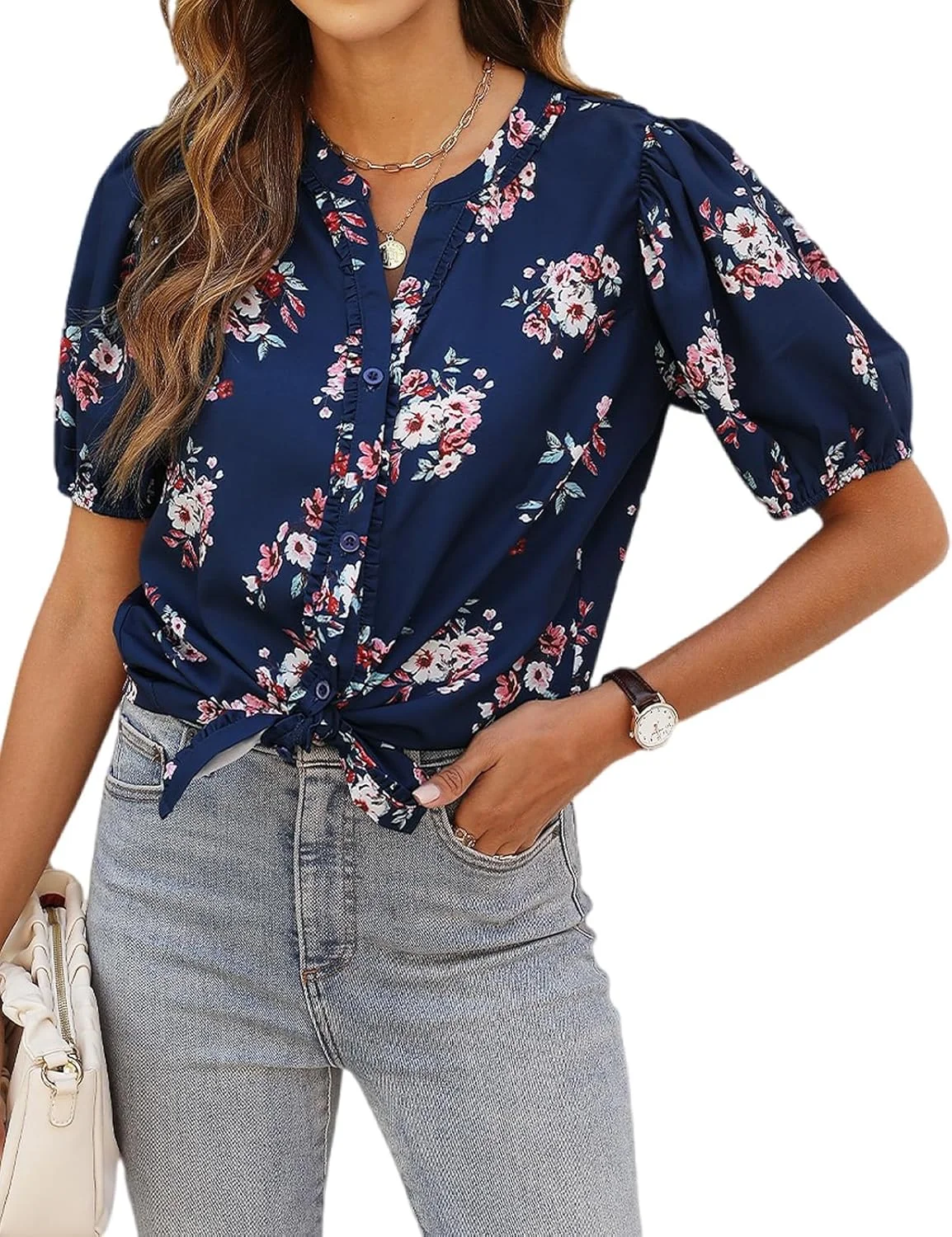 CiCiBird بلوز زنانه دکمه دار طرح دار تابستانی یقه هفت آستین پفی کوتاه