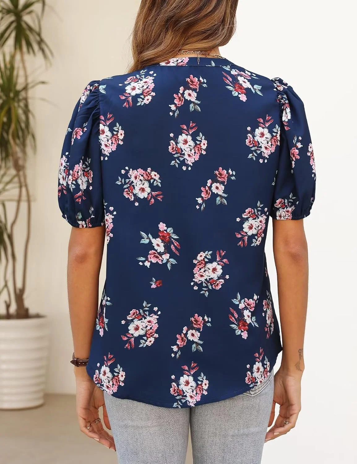 CiCiBird بلوز زنانه دکمه دار طرح دار تابستانی یقه هفت آستین پفی کوتاه