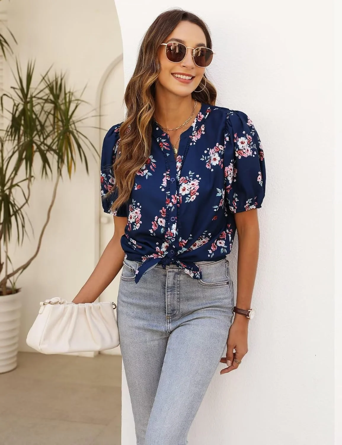 CiCiBird بلوز زنانه دکمه دار طرح دار تابستانی یقه هفت آستین پفی کوتاه