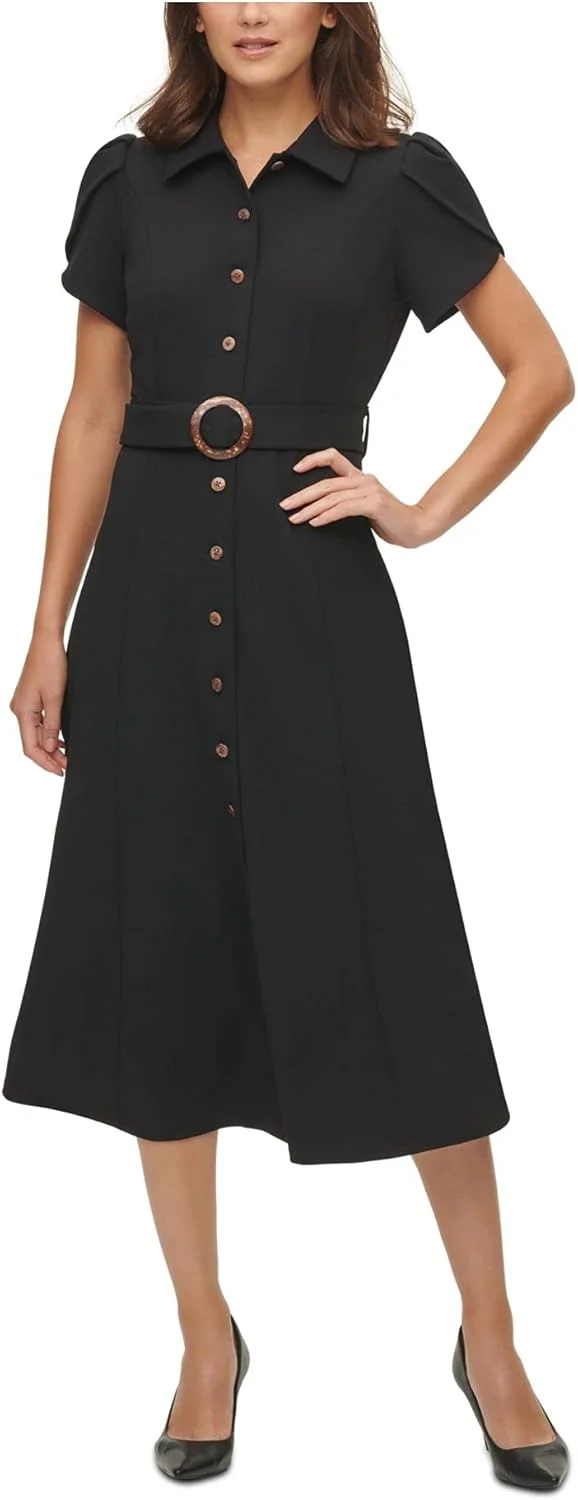 پیراهن زنانه کلوین کلاین مدل Scuba Crepe با دامن چین‌دار و کمربند کراواتی