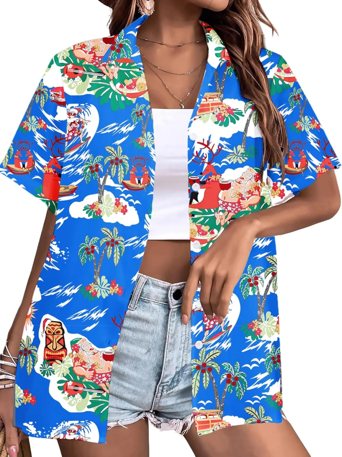 پیراهن هاوایی کریسمس زنانه: تی شرت کریسمس در جولای، بلوز دکمه دار هاوایی، تاپ تعطیلات تابستانی