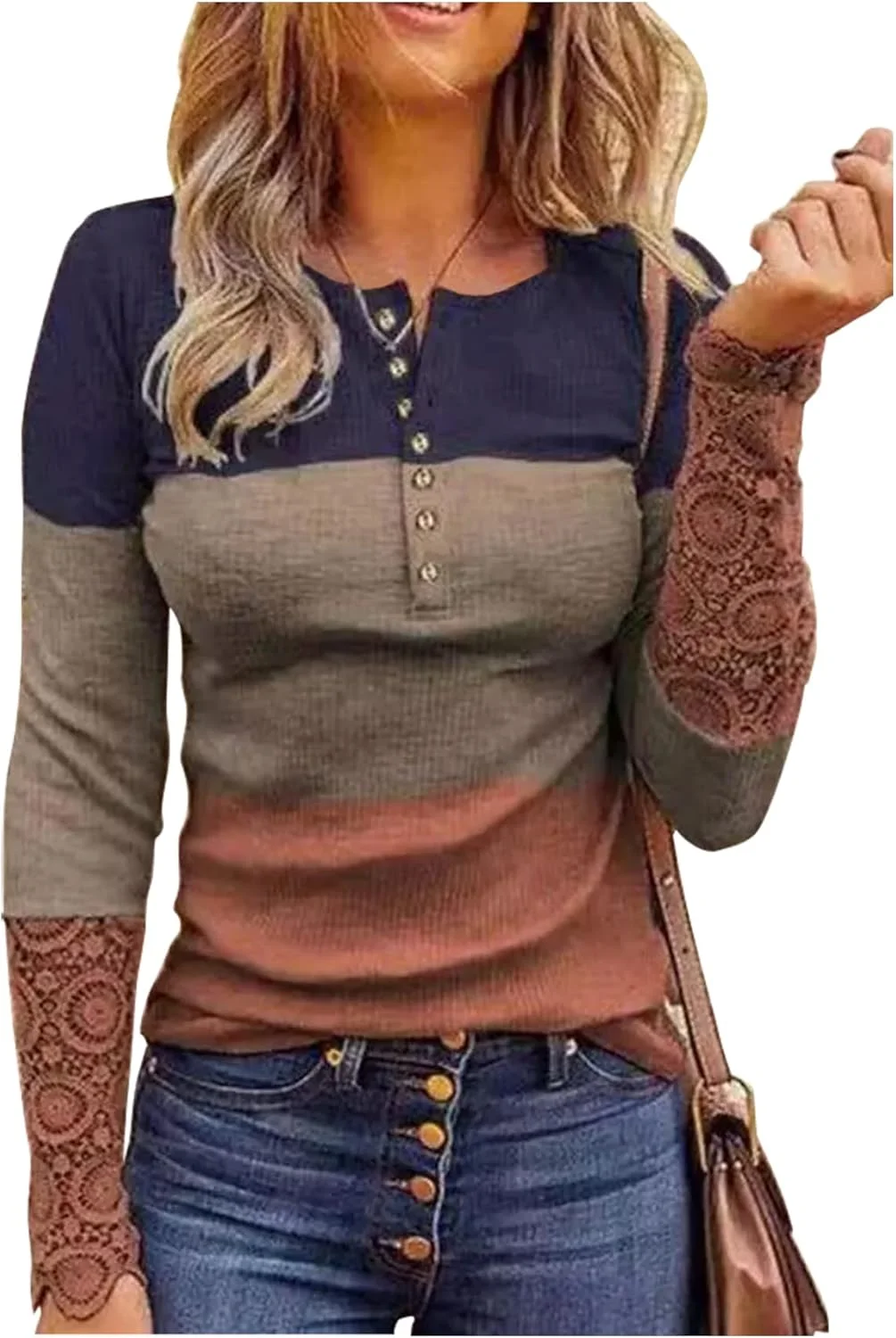 تونیک آستین بلند زنانه CHUNTIANRAN، بلوز یقه هفت توری جذاب، بلوز دکمه دار رنگی غیر رسمی، تاپ های هنلی، خاکستری، L