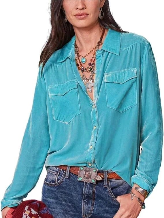 پیراهن مخملی زنانه آستین بلند دکمه دار تاپ های وینتیج بلوز یقه دار تی شرت پاییزه زمستانه با جیب