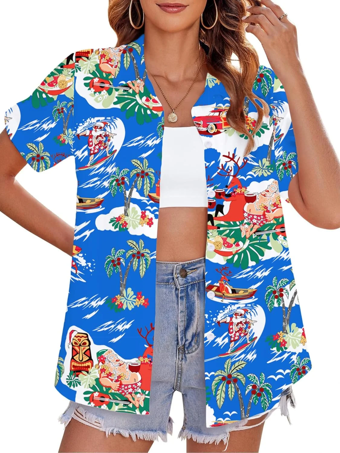 پیراهن هاوایی کریسمس زنانه: تی شرت کریسمس در جولای، بلوز دکمه دار هاوایی، تاپ تعطیلات تابستانی