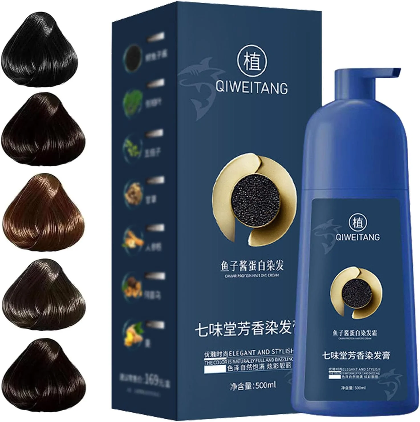 شامپو رنگ مو Qiweitang، شامپو رنگ مو پروتئین خاویار، کرم رنگ مو مغذی گیاهی، شامپو رنگ موی ماندگار 2 در 1، برای پوشش موهای سفید، فرمول گیاهی (قهوه ای تیره)