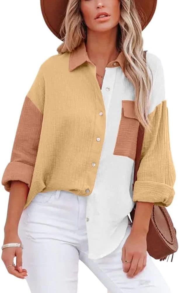 پیراهن زنانه چویا تو، آستین بلند، دکمه دار، مدل Boyfriend، طرح رنگی، زرد، XXL