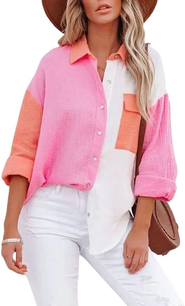 چویاتو بلوز زنانه آستین بلند دکمه دار طرح رنگی، تاپ زنانه، قرمز رز، L