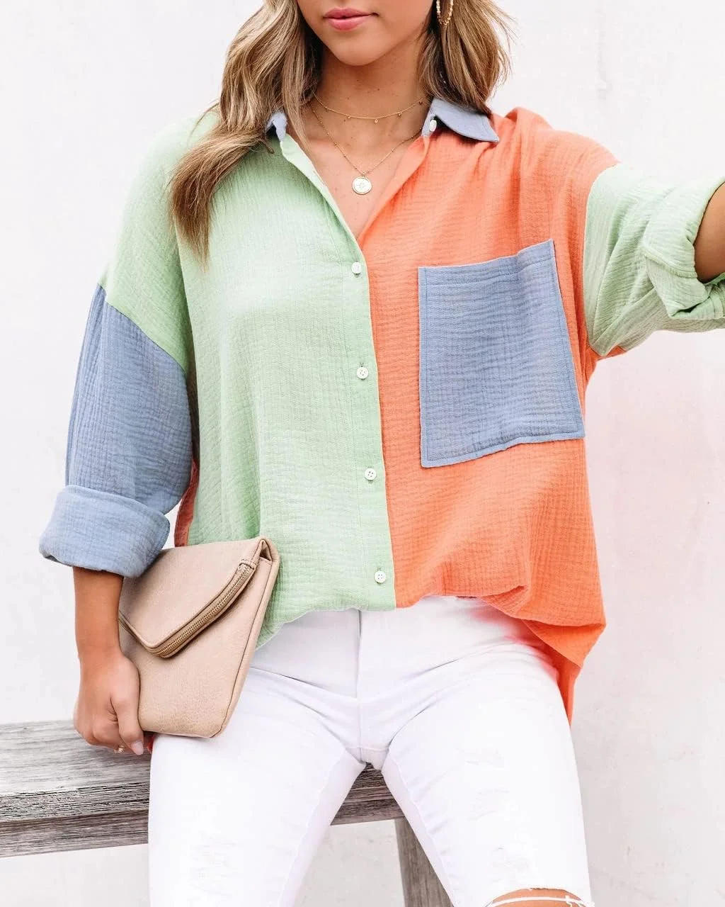 چویاتو، بلوز زنانه آستین بلند دکمه دار طرح رنگی، مدل Boyfriend، سبز، L