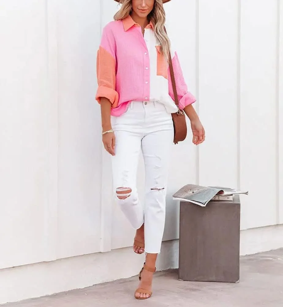 پیراهن زنانه Chouyatou، آستین بلند، دکمه دار، طرح رنگی، مدل Boyfriend، گل رز قرمز، سایز XL پیراهن زنانه Chouyatou، آستین بلند، دکمه دار، طرح رنگی، مدل Boyfriend، گل رز قرمز، سایز XL