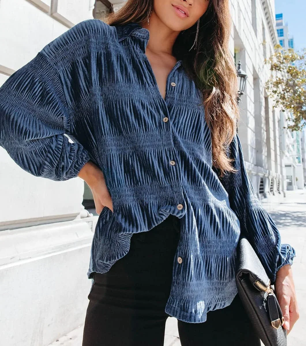 چویاتو، بلوز زنانه مخمل آستین فانوسی بلند دکمه دار چویاتو، بلوز زنانه مخمل آستین فانوسی بلند دکمه دار