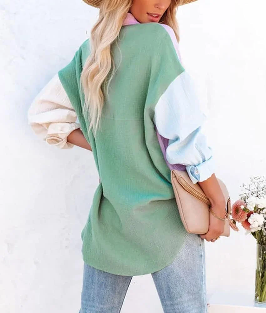 بلوز زنانه چویا تو، آستین بلند، دکمه دار، طرح رنگی، مدل دوست پسرانه، سبز-صورتی، XS بلوز زنانه چویا تو، آستین بلند، دکمه دار، طرح رنگی، مدل دوست پسرانه، سبز-صورتی، XS