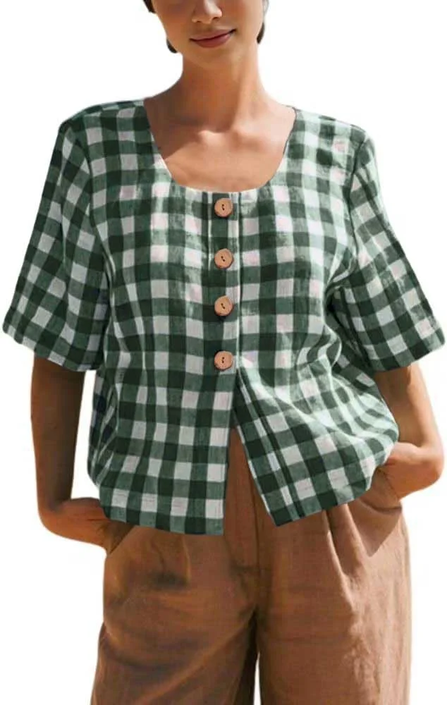 پیراهن دکمه دار چهارخانه زنانه Chouyatou، پیراهن نخی، بلوزهای چهارخانه، تونیک آستین کوتاه تابستانی