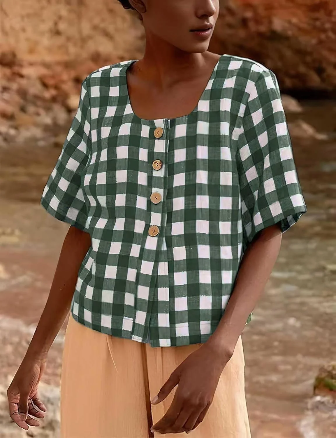 پیراهن دکمه دار چهارخانه زنانه Chouyatou، پیراهن نخی، بلوزهای چهارخانه، تونیک آستین کوتاه تابستانی پیراهن دکمه دار چهارخانه زنانه Chouyatou، پیراهن نخی، بلوزهای چهارخانه، تونیک آستین کوتاه تابستانی