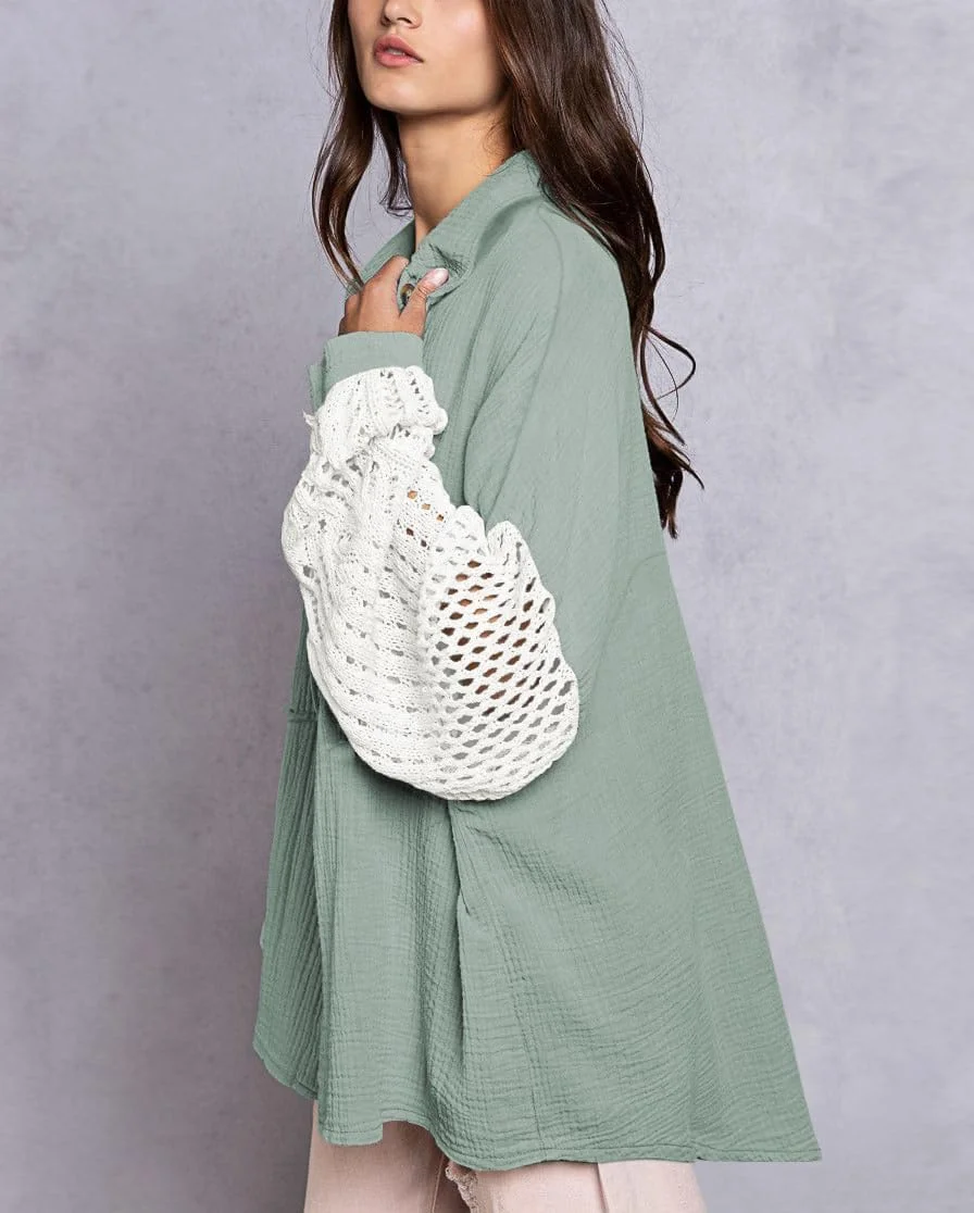 Chouyatou بلوز زنانه قلاب بافی دکمه دار آستین فانوسی طرح رنگی Boho (بزرگ، سبز روشن)، سبز روشن، L