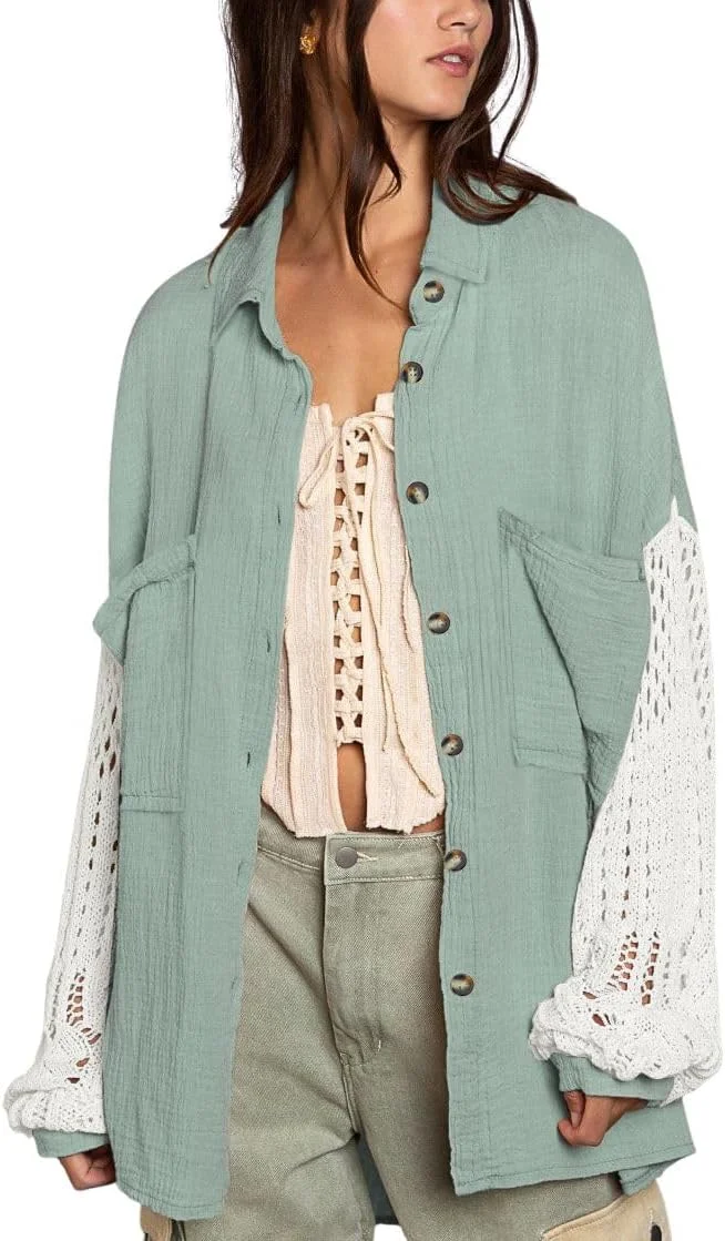 chouyatou بلوز زنانه قلاب بافی شده با آستین فانوسی دکمه دار، طرح رنگی، مدل بوهو و سایز بزرگ (X-Large, سبز روشن)، سبز روشن، XL