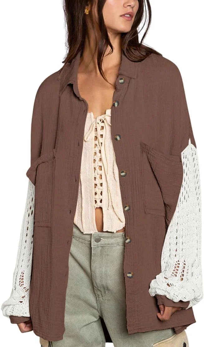 Chouyatou بلوز زنانه قلاب بافی آستین فانوسی دکمه دار طرح رنگی بوهو سایز بزرگ (متوسط، قهوه ای قهوه ای), قهوه ای قهوه ای, M