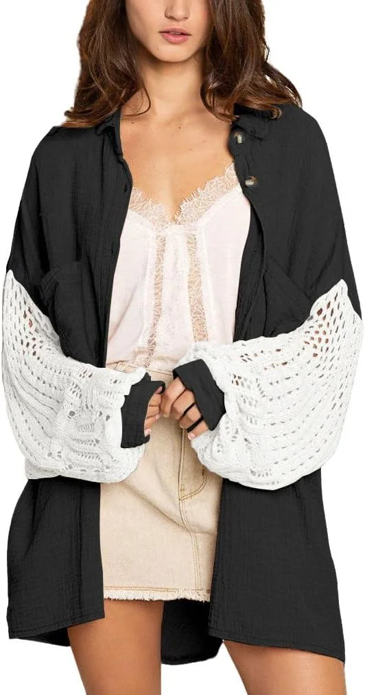 چویاتو بلوز زنانه قلاب بافی شده آستین فانوسی دکمه دار طرح رنگی بوهو سایز بزرگ (بزرگ، مشکی)، مشکی، L