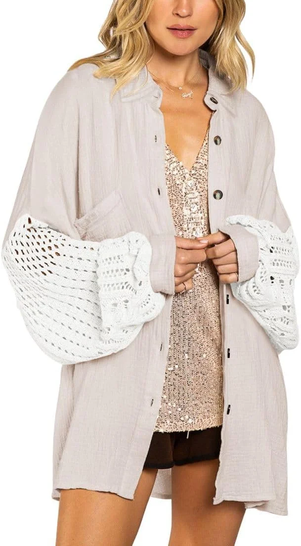 بلوز زنانه Chouyatou با آستین فانوسی توری قلاب بافی، دکمه دار، رنگی، طرح بوهو، مدل بزرگ (سایز مدیوم، زردآلویی), زردآلویی, M