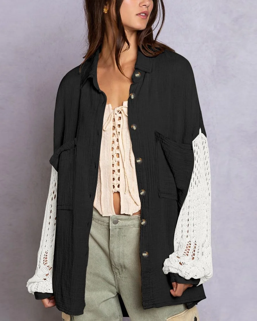 چویاتو بلوز زنانه قلاب بافی شده آستین فانوسی دکمه دار طرح رنگی بوهو سایز بزرگ (بزرگ، مشکی)، مشکی، L